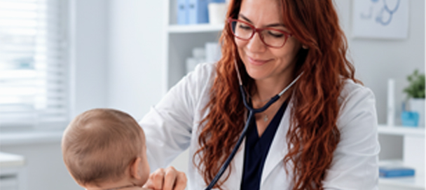 Médico de Clínica Gamam auscultando a un bebé durante una consulta pediátrica, brindando cuidados especializados de neonatología y revisión preventiva para descartar fiebre en Tlalnepantla de Baz, optimizada para celular.