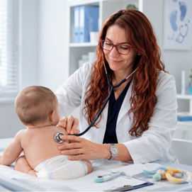 Médico de Clínica Gamam auscultando a un bebé durante una consulta pediátrica, brindando cuidados especializados de neonatología y revisión preventiva para descartar fiebre en Tlalnepantla de Baz.