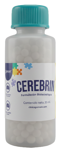 Frasco de Cerebrin de Clínica Gamam (30 ml). Fórmula biotecnológica diseñada para pacientes geriátricos con problemas cognitivos, ayudando a apoyar la memoria y fortalecer la sinapsis neuronal en Tlalnepantla de Baz.