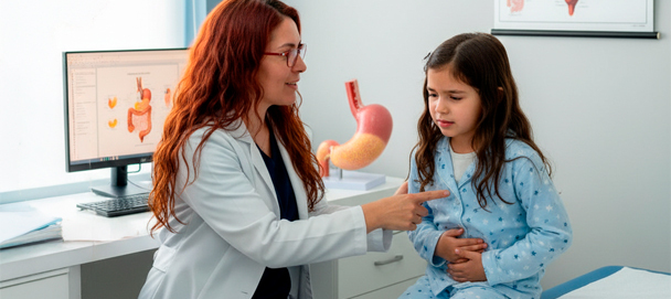 Médico de Clínica Gamam atendiendo a una niña con malestar estomacal, brindando consulta pediátrica y servicios médicos desde neonatología hasta el control oportuno de la fiebre en Tlalnepantla de Baz, optimizada para celular.