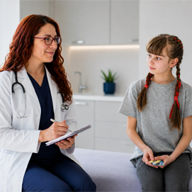 Médico de Clínica Gamam evaluando a una paciente por patologías neurológicas durante una consulta pediátrica, respaldada por servicios integrales desde neonatología hasta el control de la fiebre en Tlalnepantla de Baz.