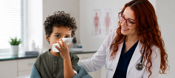 Médico de Clínica Gamam atendiendo a un niño con problemas respiratorios durante una consulta pediátrica, con servicios médicos desde neonatología hasta el control de la fiebre en Tlalnepantla de Baz, optimizada para tableta.