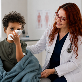 Médico de Clínica Gamam atendiendo a un niño con problemas respiratorios durante una consulta pediátrica, con servicios médicos desde neonatología hasta el control de la fiebre en Tlalnepantla de Baz.