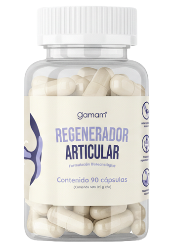 Frasco transparente con 90 cápsulas de Regenerador Articular de Clínica Gamam. Formulación biotecnológica enfocada en el tratamiento del desgaste articular y muscular en Tlalnepantla de Baz.