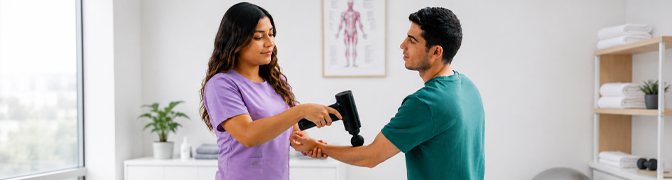 Especialista aplicando terapia física y rehabilitación metabólica para pacientes con diabetes, control de hipertensión, regulación de glucosa y manejo de sobrepeso en Tlalnepantla de Baz, optimizada para tablet.