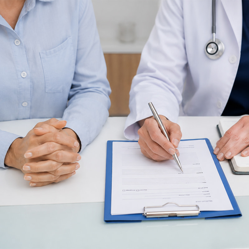 Médico de Clínica Gamam realizando una valoración integral en expediente clínico para adultos mayores, evaluando el riesgo de alzheimer, el estado de salud del adulto mayor y el control de la hipertensión en Tlalnepantla de Baz.