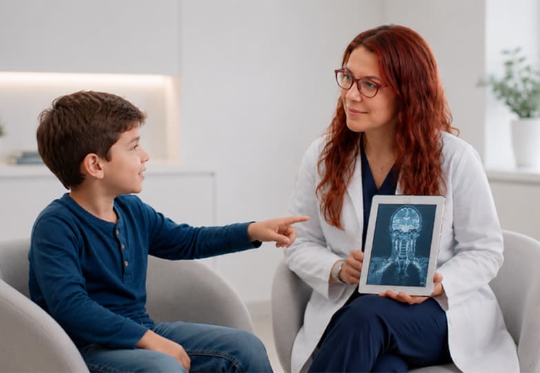 Médica especialista de Clínica Gamam realizando una valoración médica a un paciente infantil, explicando de forma empática los resultados de imagen en una tableta en Tlalnepantla de Baz.