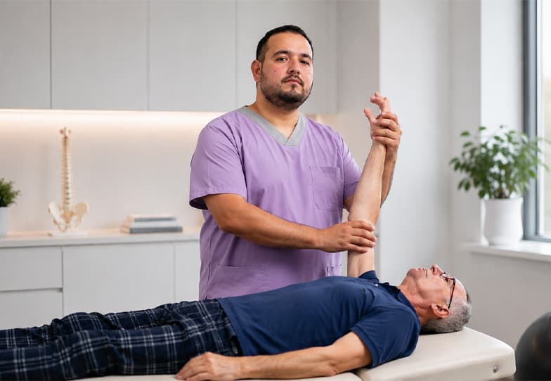 Especialista de Clínica Gamam realizando una valoración médica y evaluación de movilidad en el brazo de un paciente durante una sesión de rehabilitación física en Tlalnepantla de Baz.