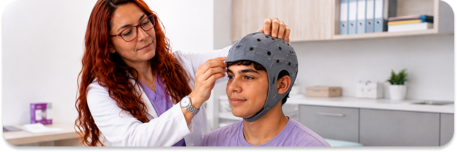 Especialista colocando el equipo a un adolescente antes de iniciar una sesión de neuromodulación cerebral.
