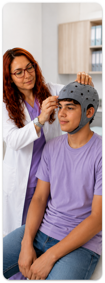 Profesional de la salud ajustando el equipo a un adolescente durante una sesión de neuromodulación cerebral.